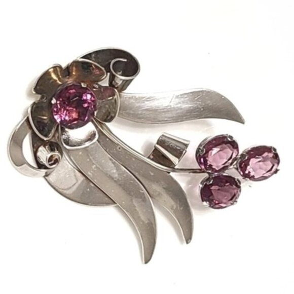 Vintage Art Deco Large Sterling Silver Purple Amethyst Crystal Flower Brooch Pin - Picture 1 of 9